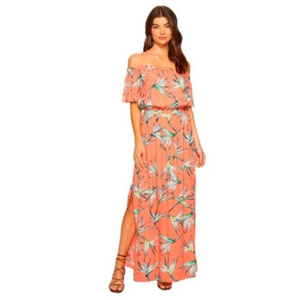 State off-the-shoulder dress in coral bird of paradise pattern.